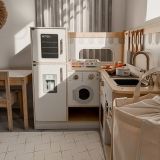 Drewniana, interaktywna kuchnia narożna XXXL z lodówką, mikrofalą, piekarnikiem, pralką i akcesoriami - naturalna